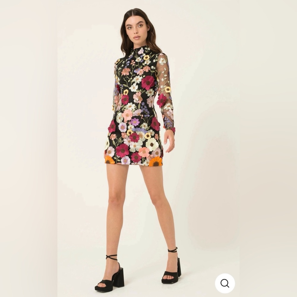 Black Floral Embroidered Mini Dress. Size M. BRAND NEW, NEVER WORN.